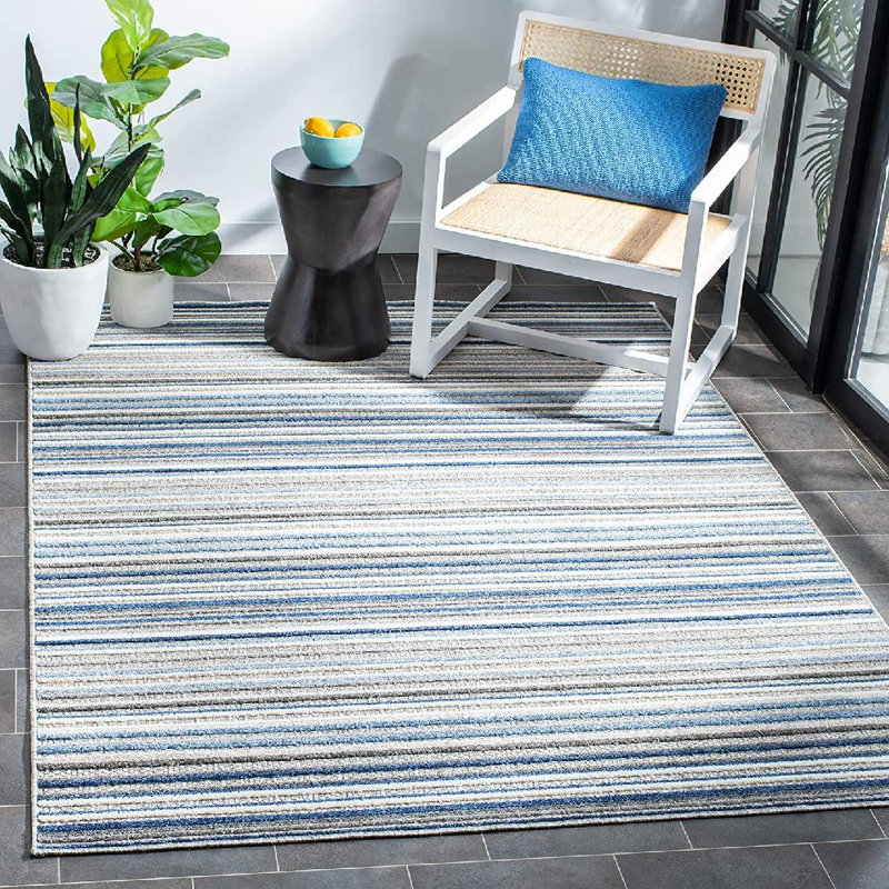 Tapis rayé en polyester tissé à la machine en gris / bleu, Rectangle 5 pi 3 po x 7 pi 7 po