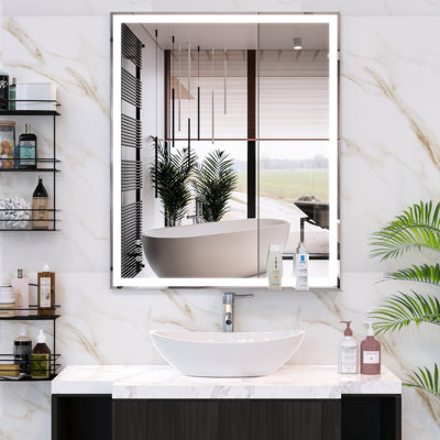 Miroir de salle de bain moderne 32X40 pouces à DEL - brouillard, ou bloc d'alimentation à connexion directe, fonction d'économie d'énergie, cadre argenté