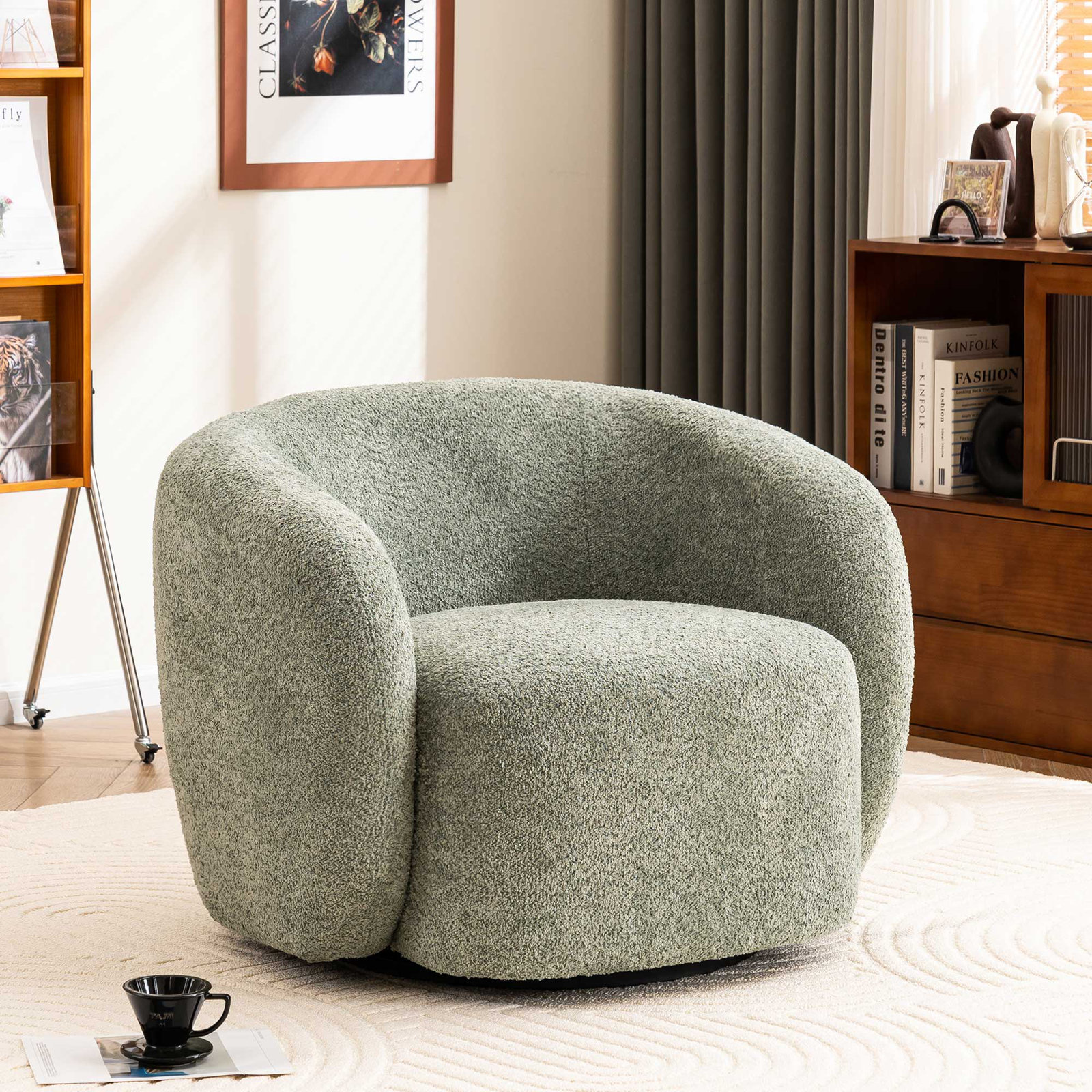 Munehito Upholstered Swivel Barrel Chair, Smoke Green