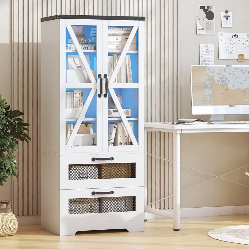 Houtz de 56 po avec éclairage à DEL RVB, tablette de présentation avec tablettes réglables à tiroirs, grande bibliothèque en bois, armoire de rangement blanche pour garde-manger, buffet pour placards de bureau