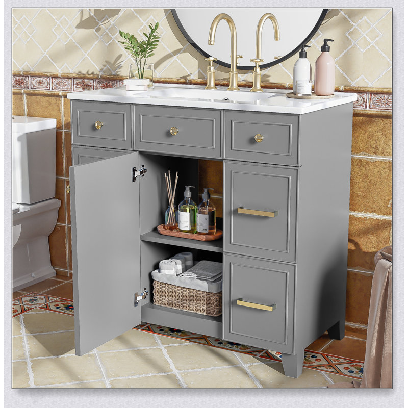 Meuble-lavabo gris 36 po avec lavabo en céramique, bois massif, portes à fermeture douce, tablettes réglables et rangement pour sèche-cheveux