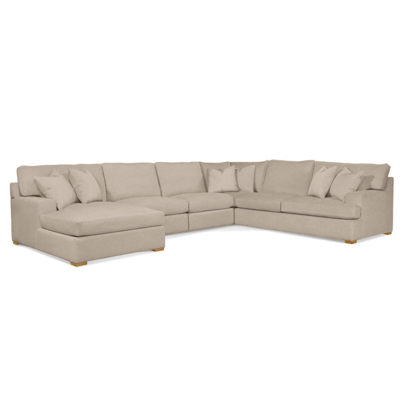 Cambria Upholstered U-Sectional, Light Blue Performance Fabric; 0851-55, Honey Finish, Right Hand Facing