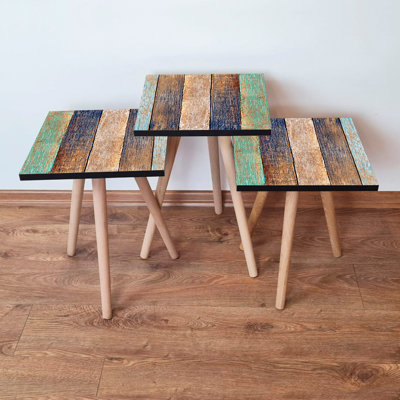 Modern Nesting Table Set (3 Pieces), Green, Navy Blue, Brown & Beige, 13.8 x 20.5 x 13.8 in (Large), 13.8 x 18.5 x 13.8 in (Medium), 13.8 x 16.5 x 13.8 in | 100% MDF, Beech Wood Legs | Stylish & Versatile for Living Room & Office