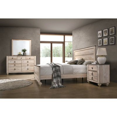 Ensemble de chambre à coucher 4 pièces avec grand lit contemporain, finition délavée et blanc