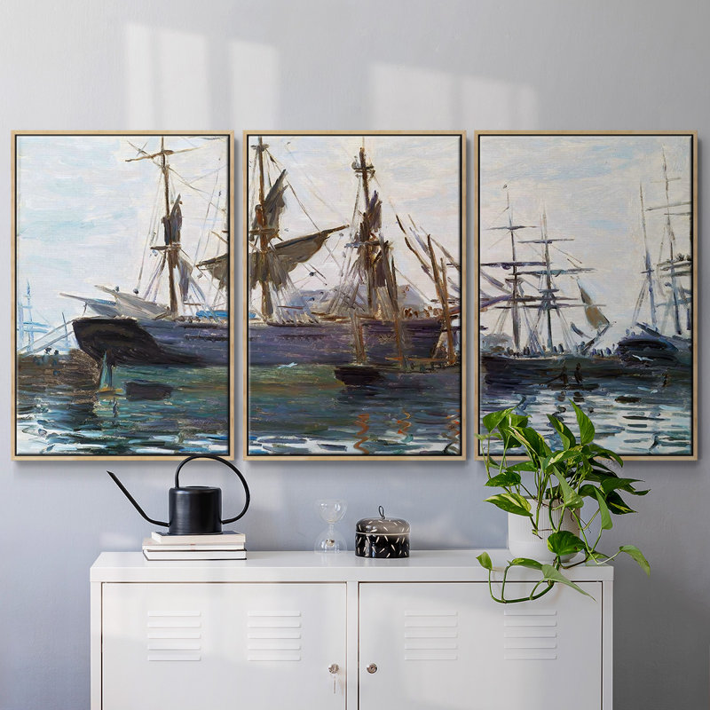 Ships in Harbor, 1873 - 3 pièces, reproduction sur toile, H 40 po x l 78 po x P 2 po, Naturel