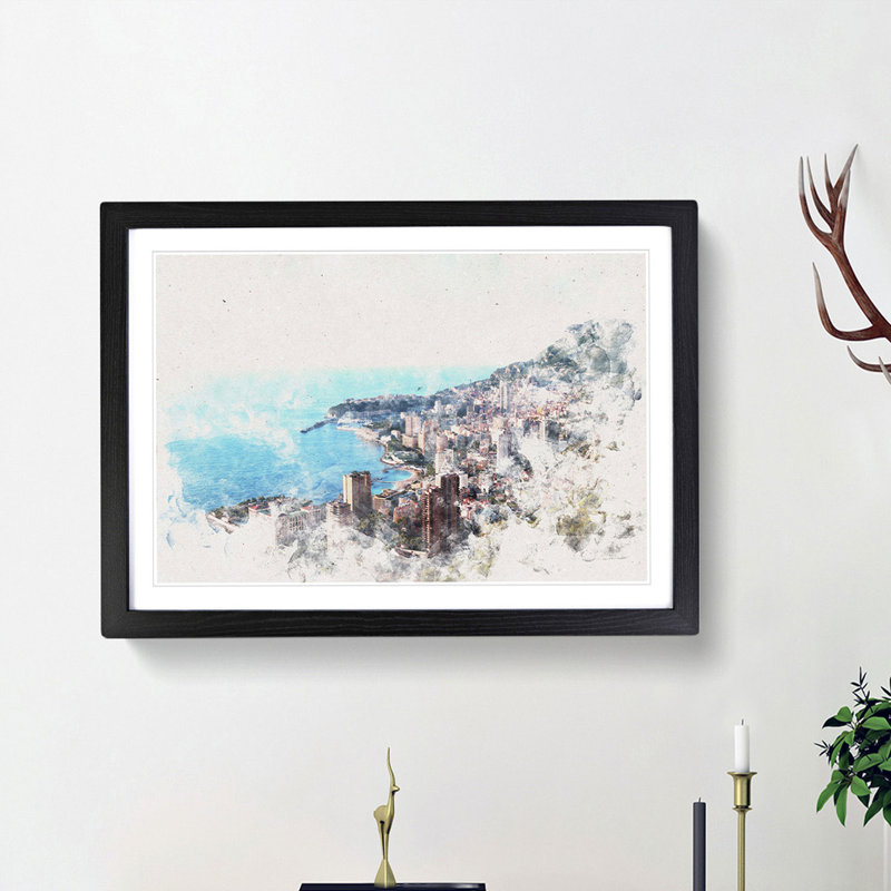 Skyline of Monte Carlo in Monaco - Picture Frame Painting Print, 24cm H x 33cm W x 2cm D, Black Framed