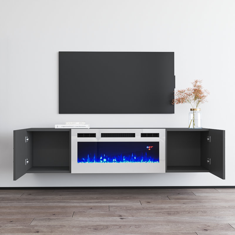 Sermet 70" Modern TV Stand with Electric Fireplace, High Gloss Finish, Wall-Mounted, Gray/White
