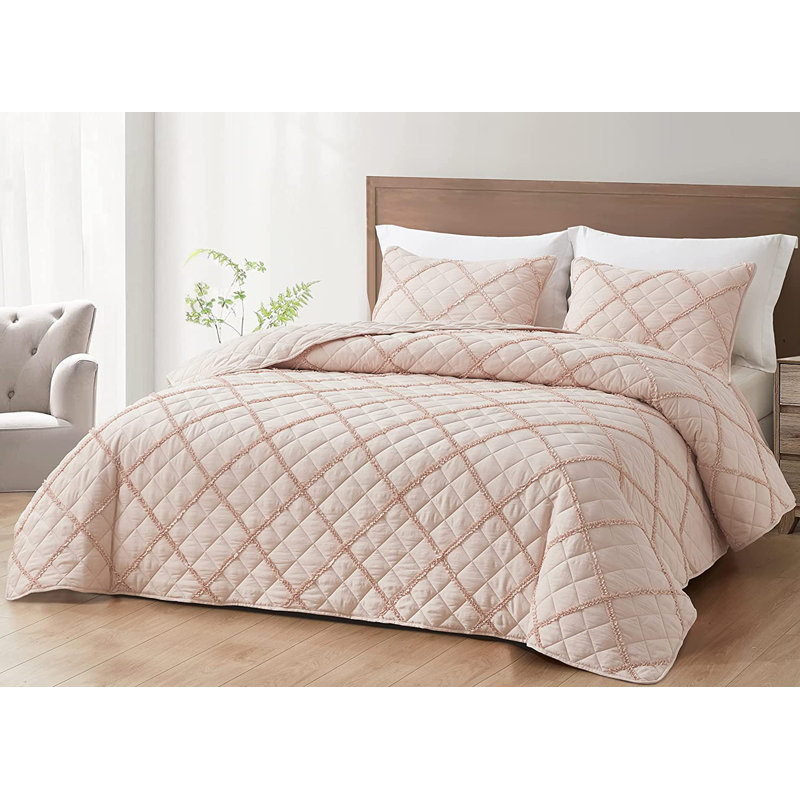 Diamond Ruffle Microfiber Quilt Set, Blush, Queen Quilt + 2 Standard Shams