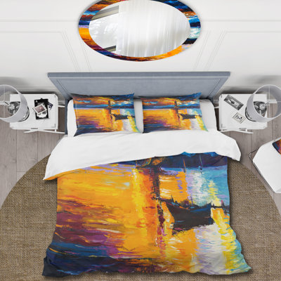Little Boat By Lighthouse At Sunset - Nautical & Coastal Duvet Cover Set - Microfiber Polyester