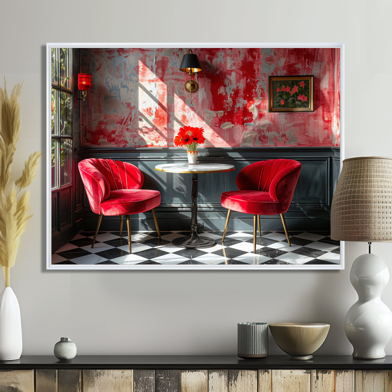 Décoration murale rouge et gris - hôtel et loges, Cadre flottant blanc, H 30 po x l 40 po