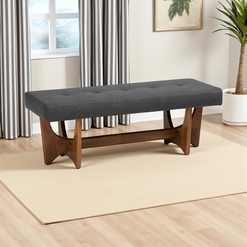 Parkchester Bench in Dark Grey Upholstery and Walnut Finished Wood, 17.5'' H X 48.4'' W X 17.9'' D, Dark Gray