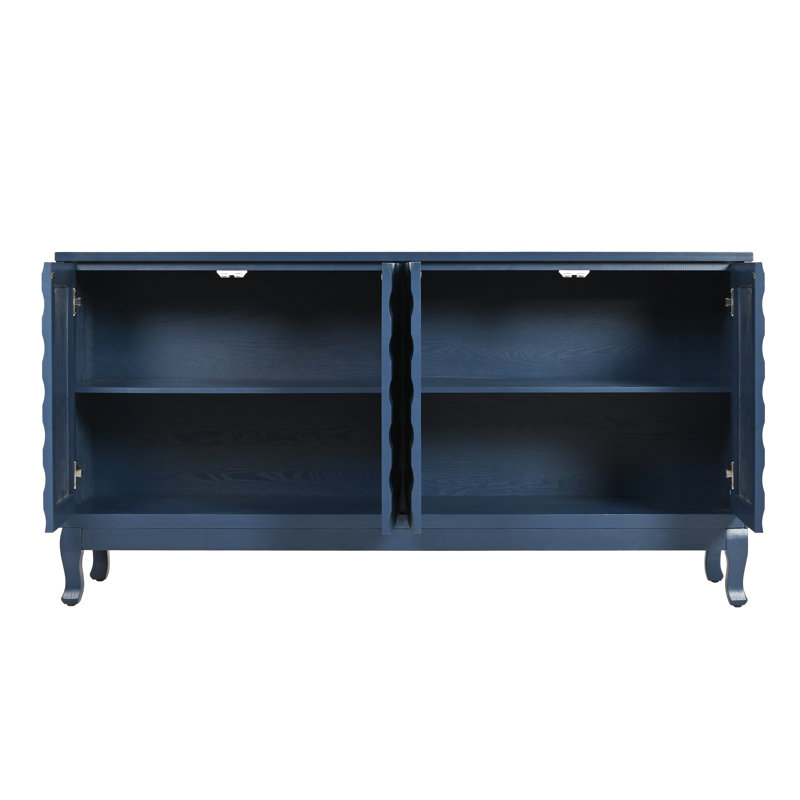 Elegant Navy Blue Sideboard Featuring Sophisticated Wavy Pattern Doors With Arched Groove Design In A Stylish Four-Door Layout,Adjustable, Suitable For Study, Entryway And Living Room