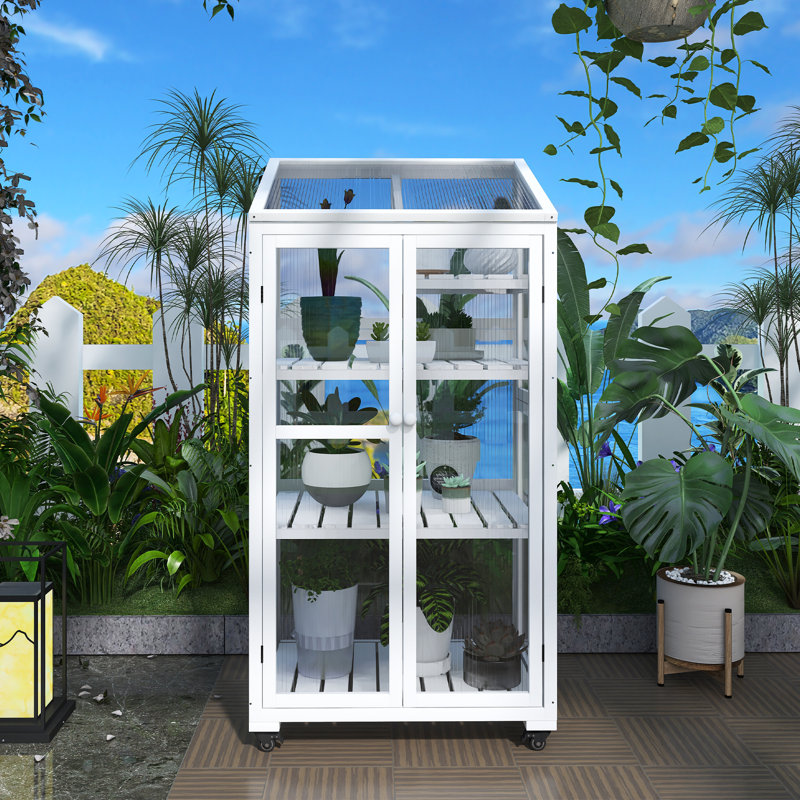 Wood Large Greenhouse Balcony Portable Cold Frame With Wheels And Adjustable Shelves, White