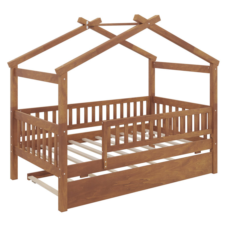 Twin wooden house bed with trundle, Noyer