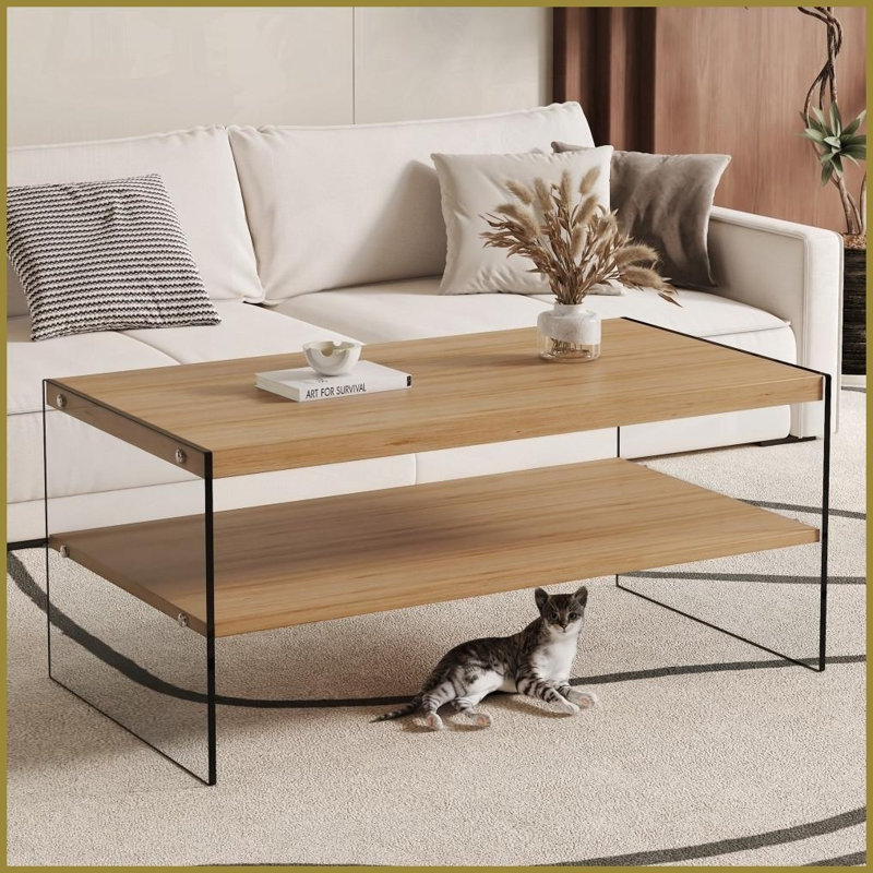 Table basse peu encombrante avec panneau de fibres à densité moyenne d'aspect bois et amp; Verre trempé, facile à nettoyer pour le salon
