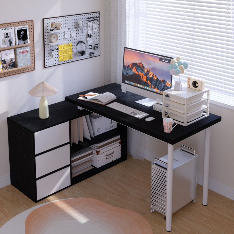 Luitgard 53'' W L-Shaped Writing Desk, Black/Black/White