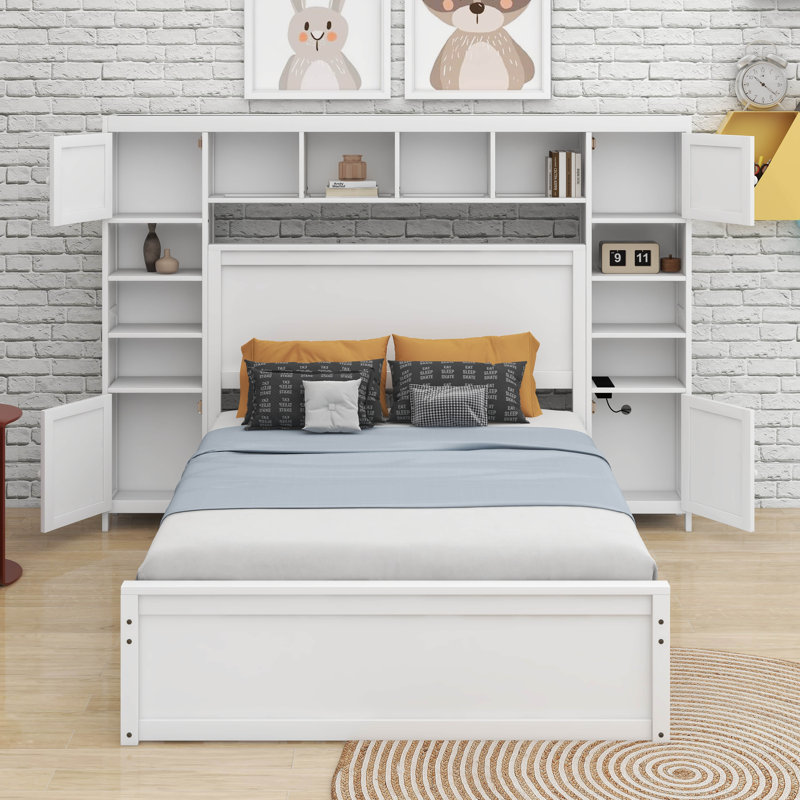 Lit double en bois avec armoire, tablette et prises, lit gigogne simple