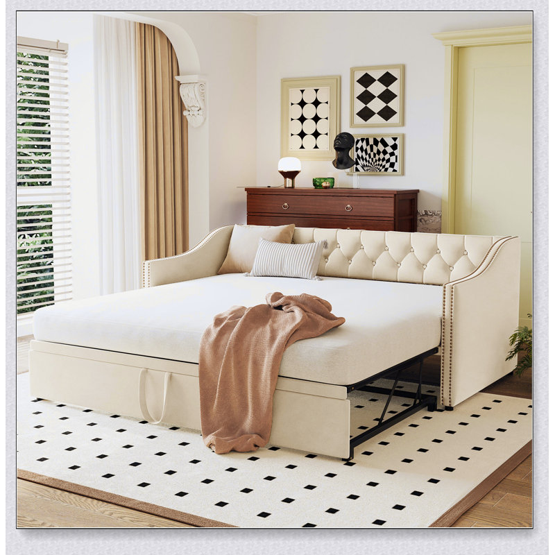 Lit de jour simple rembourré avec lit gigogne, Beige