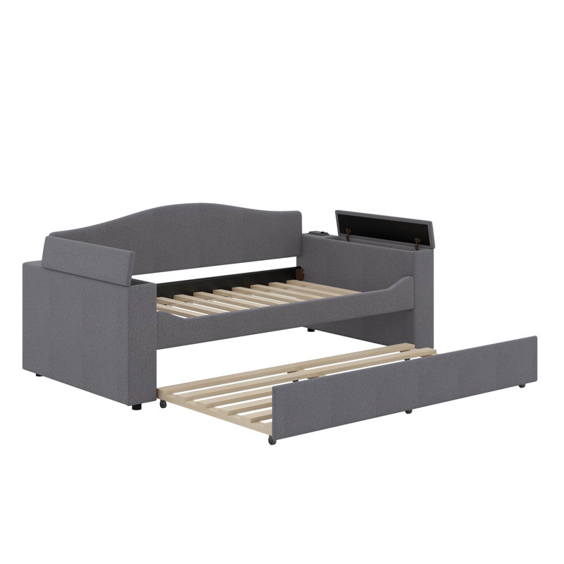 Twin Size Upholstered Daybed With Trundle,Storage Armrests And Latest Integrated Bluetooth Audio System, Gray