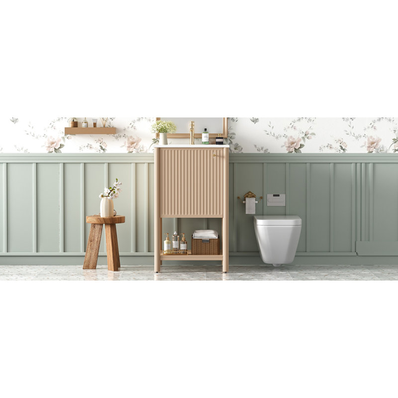 Meuble-lavabo de 20 pouces de style français, lavabo en céramique, porte simple autoportante à fermeture douce, conception compacte pour petites salles de bain, poignées rétro, sculptures à rayures délicates, lavabo lisse, 1,37 po