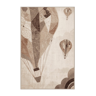 Machine Washable Eldred Hot Air Balloon Bohemian Patchwork Rug in Beige – Beige Binding