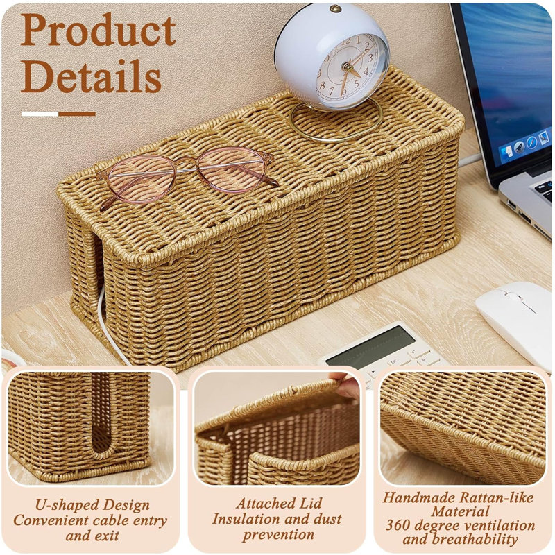 3 Pcs Cable Management Box Synthetic Rattan Cord Organizer Box Cable Hider Box Storage Wire Box With 2 Open Slots For Home Office Desk Computer TV Wires USB Hub ,Small,Medium,Large