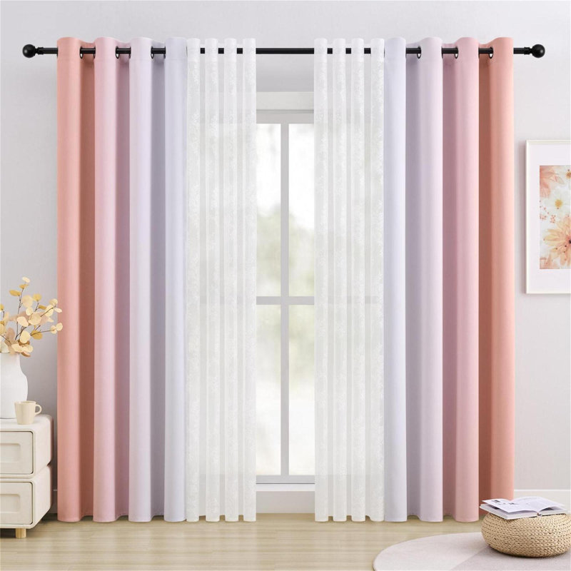 Ombre Blackout Curtains 4 Pcs Set Mix & Matched - 2 Pcs Leaf Sheer Lace & 2 Pcs Ombre Blackout Room Darkening Window Curtains for Bed Room Living Room 63 Inch Long Grommet Thermal Insulated Sunlight Blocking Noise Reducing Pink Color