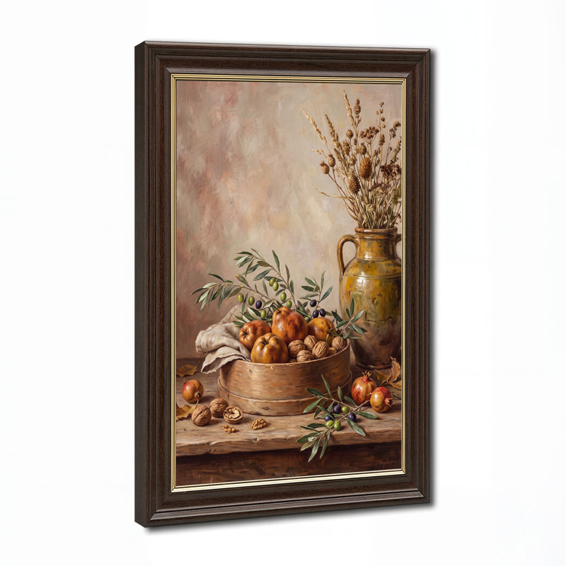 Tableau sur toile représentant des grenades et des branches d'olivier dans un bol en bois, H 24 po x l 16 po