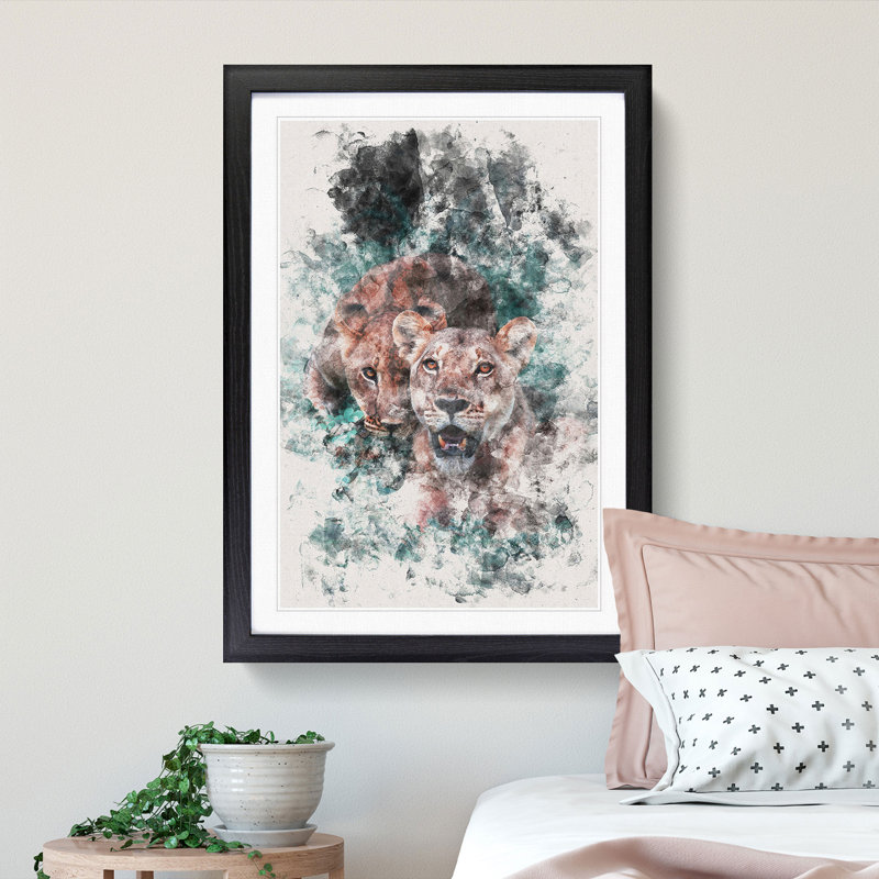 Lioness Duo - Picture Frame Painting Print, 45cm H x 33cm W x 2cm D, Black Framed