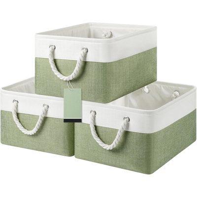 Paniers de rangement, paquet de 3, bacs de rangement en tissu, paniers de rangement polyvalents pour tablettes avec poignées (blanc, vert)