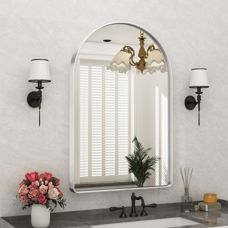 Miroir de salle de bain arqué avec miroir mural pour salle de bain, 36 po x 24 po, Argent argent