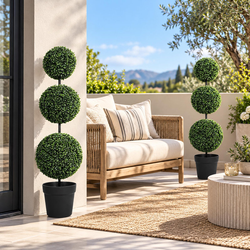 Lot de 2 arbres topiaires artificiels en buis à triple boule de 90 cm (3 pi) résistants aux UV