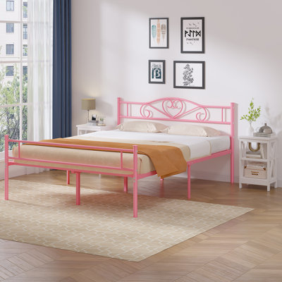 3-Piece Pink Bedroom Furniture Set With Metal Bed Frame And 2 White Open Shelf Nightstands, Twin/Full/Queen Pink Iron Bed For Modern Soft Bedroom