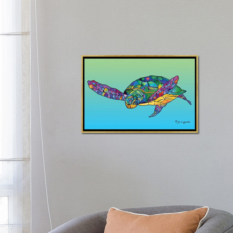 «Sea Turtle Celebration» par Jo Lynch - reproduction d'art, H 18 po x l 26 po x P 1,5 po, Toile avec cadre or, Aucun mat