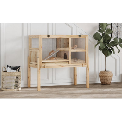 2-Storey Wooden Small Animal Habitat, Chew-Proof Hamster Cage with Detachable Legs, Pull-Out Tray, Removable Floor & Multi-Room Hideout for Hamsters, Guinea Pigs & Rabbits