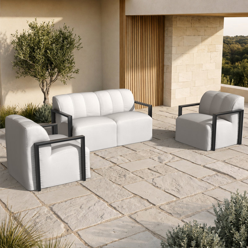Ensemble de patio moderne 4 pièces en aluminium à structure ouverte, comprenant des chaises et un canapé deux places rembourrés avec coussins Sunbrella