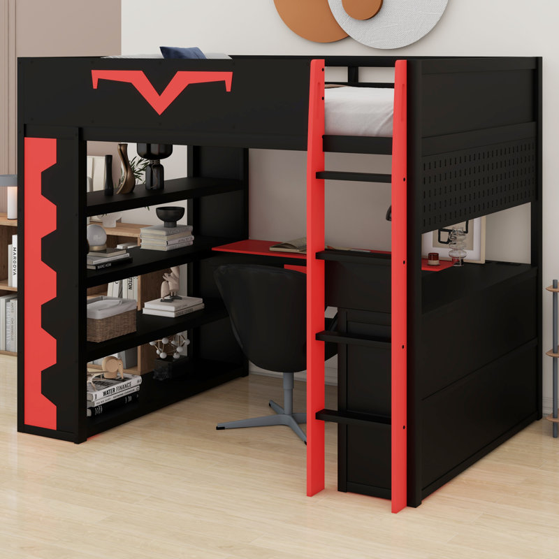 Pro Gamer Loft Bed With Desk,RGB Lights,Shelves,Pegboard & Drawer, Red