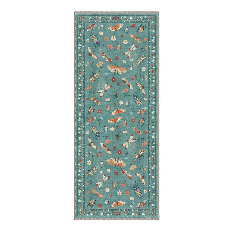 Vespera Floral Machine Washable Blue Indoor Area Rug with Non-Slip Backing, Runner 2' x 6'