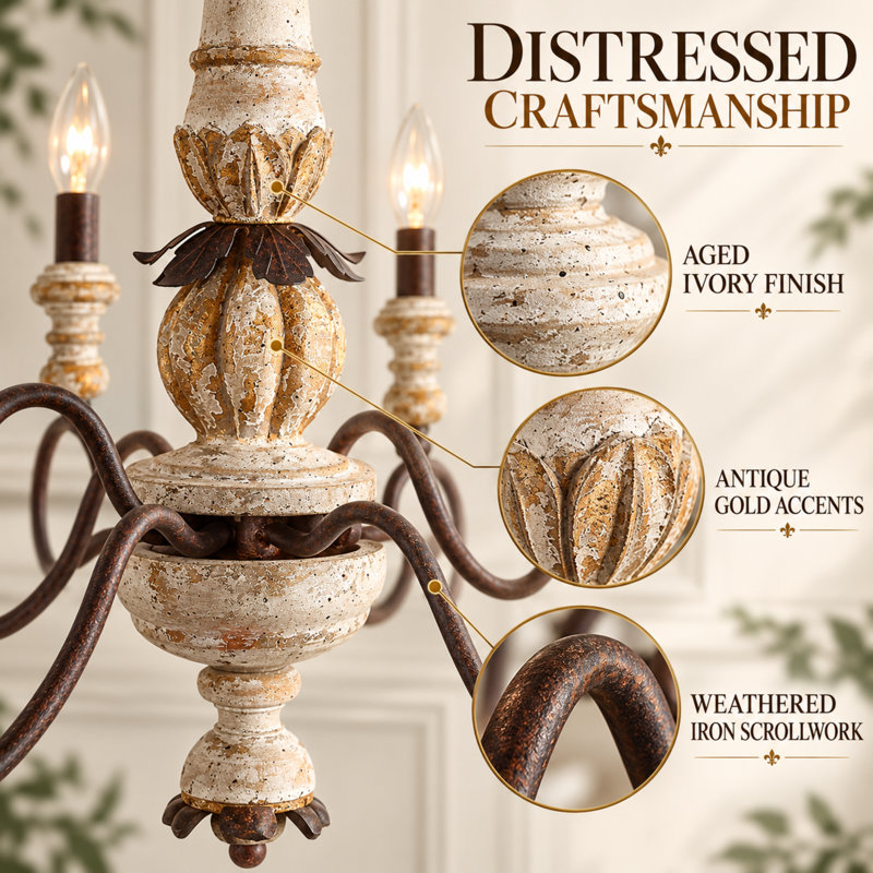 Marcus 6 - Light 31.3"W Large French Country Candle Style Classic / Traditional Wooden Chandelier