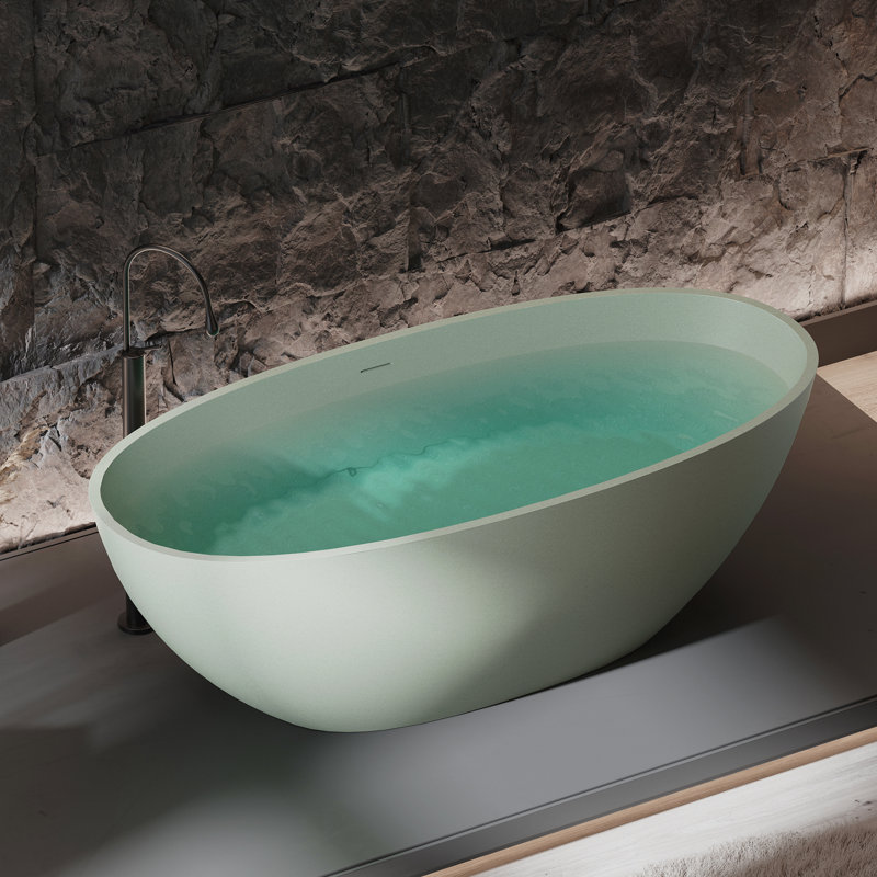 Baignoire îlot KAKUSIGA 61 po en résine effet pierre, baignoire moderne en surface solide avec trop-plein et bonde escamotable/PC2130390
