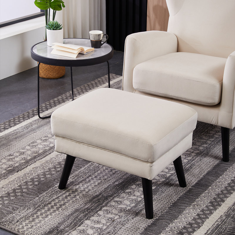 Upholstered Wingback Chair with Footstool, Beige Velvet
