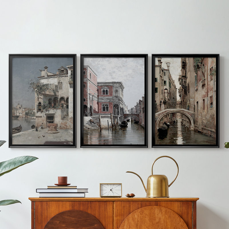 Paysage rétro CLIV - Toile tendue avec châssis sur mesure - 3 pièces, Noir, H 21 po x l 30 po
