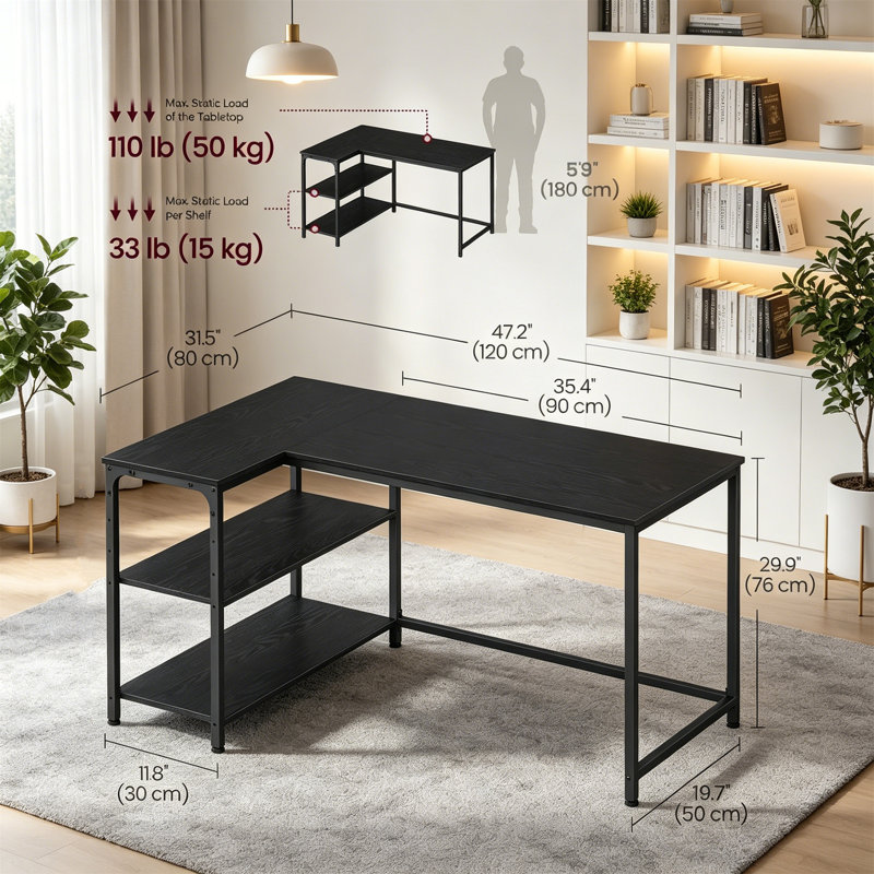 L-Shaped Metal Base Computer Desk, Black