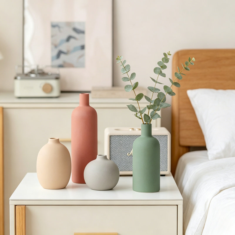 Ensemble de 4 vases modernes en céramique, vases décoratifs aux tons neutres pour décor de maison, style minimaliste campagnard et vases de fleurs de style bohème pour centre de table de cheminée