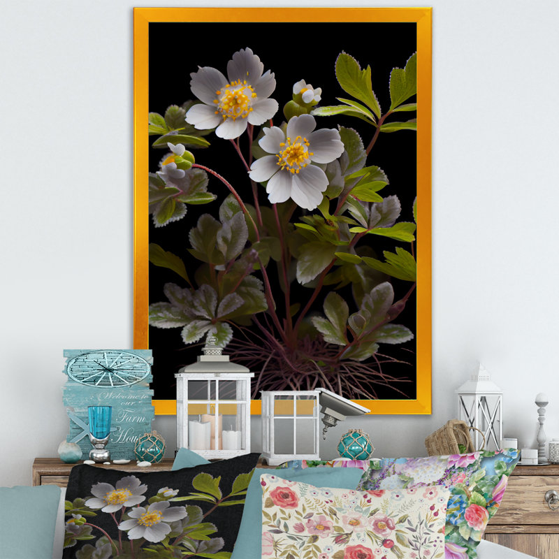 «Diphylleia Grayi On Black IV», art floral sur toile, Impression dorée sur toile encadrée, H 32 po x l 16 po x P 1 po
