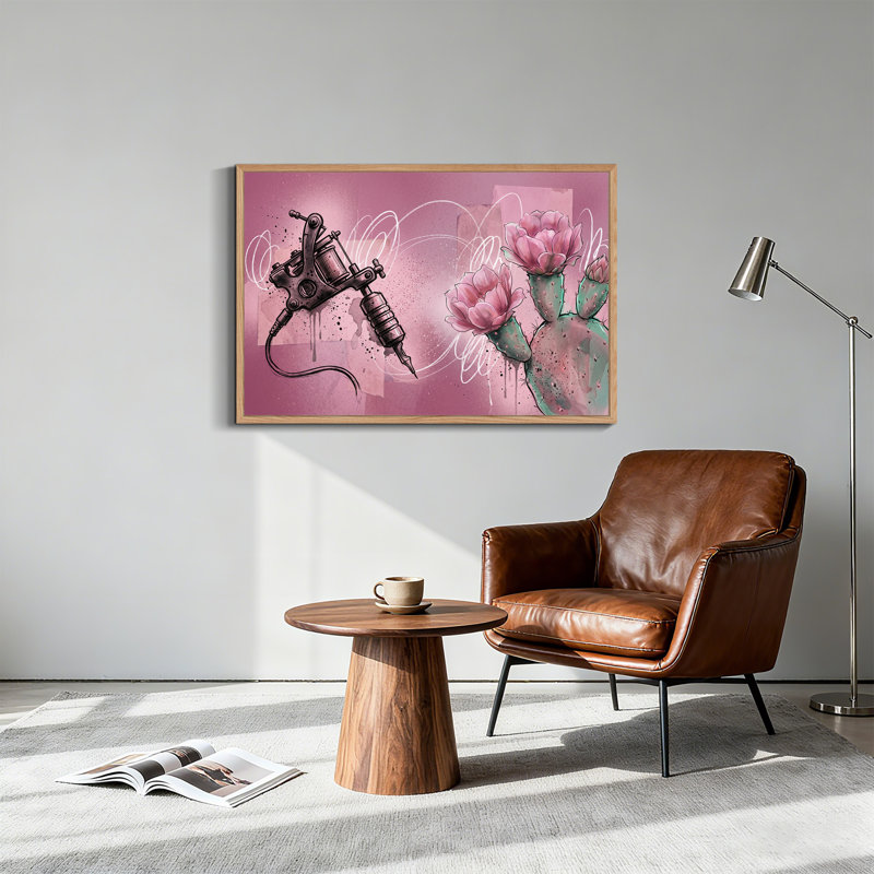 Art mural sur toile "Machine à tatouer noire" et fleur de cactus rose, H 32 po x l 48 po