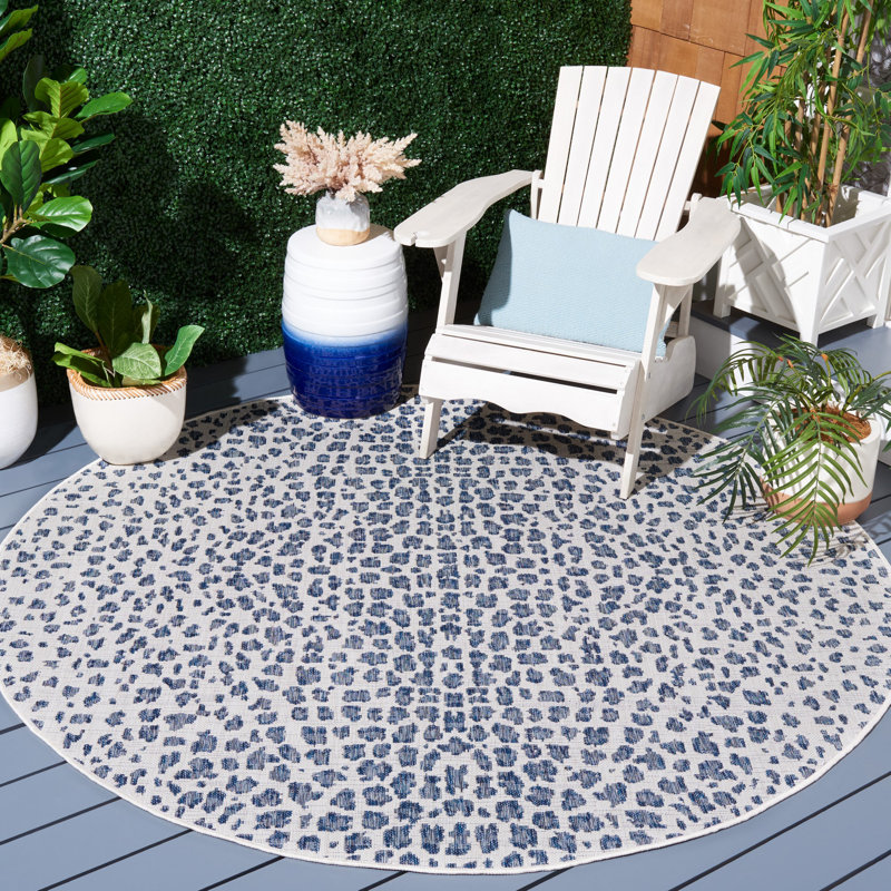 Tyron Animal Print Ivory/Navy Area Indoor/Outdoor Area Rug, Round 7'1"