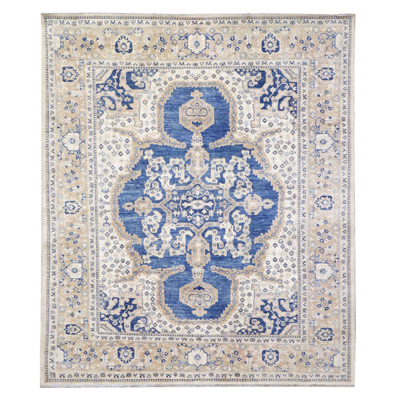 Tapis unique beige / bleu / ivoire 8 pi 1 po x 9 pi 7 po Bakshish