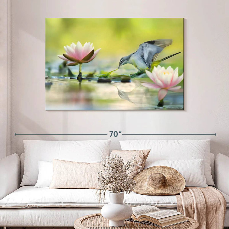 Bruyère lotus et oiseau gris, H 32 po x l 48 po