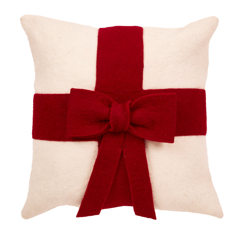 Christmas Pillow Cover in Hand Felted Wool - 20", Cream/Red bow, Pillow Cover Only - No Insert, 14" x 14"